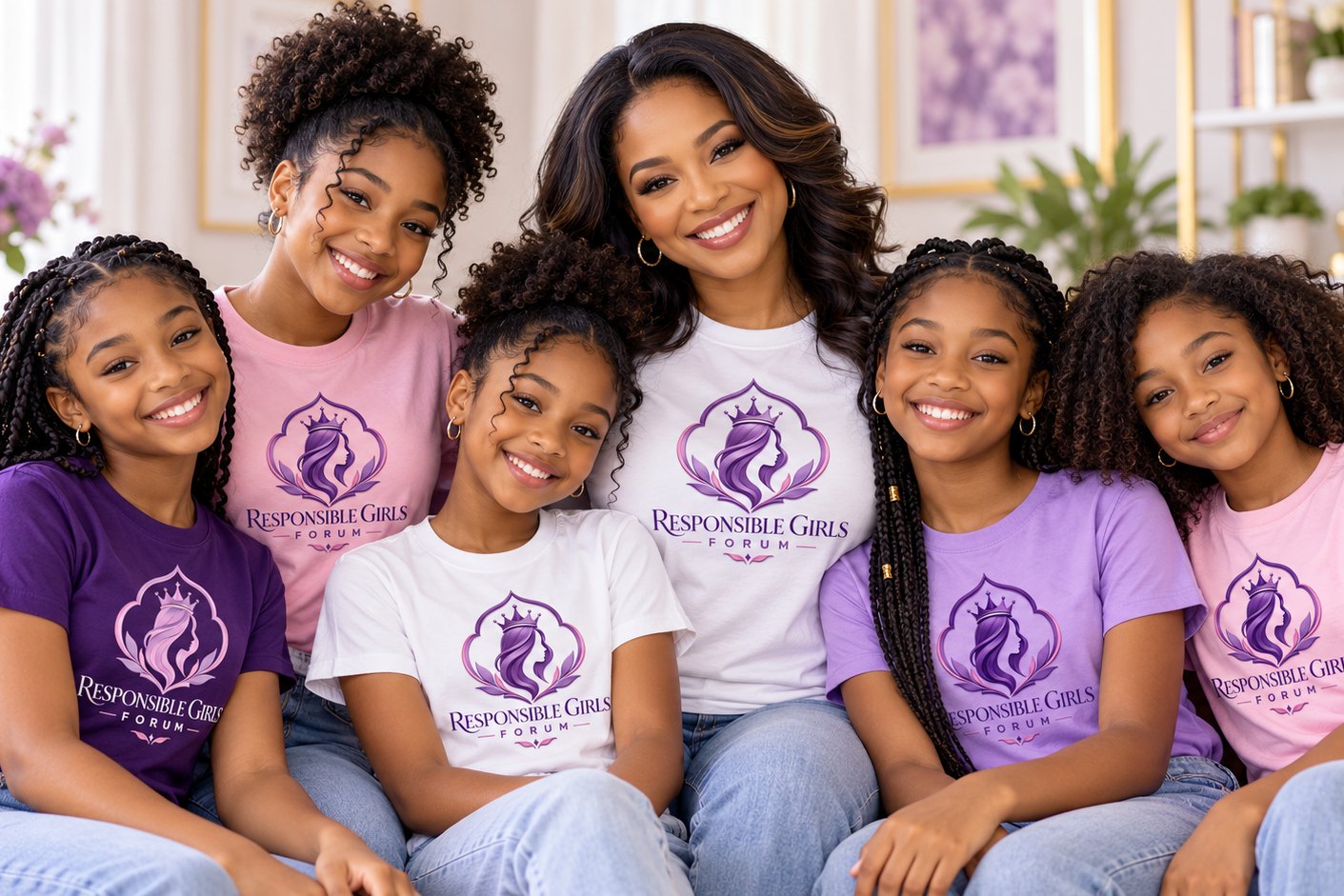 A Responsible Girls Forum coach with four girls in branded purple shirts